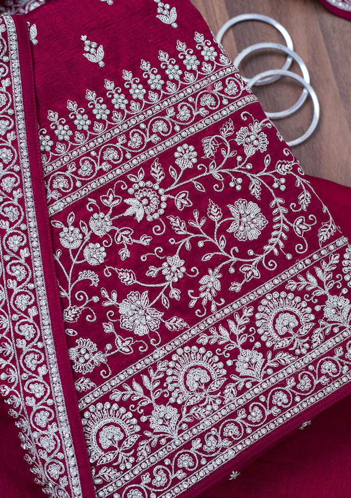 Maroon Zariwork Soft Raw Silk Unstitched Salwar Suit