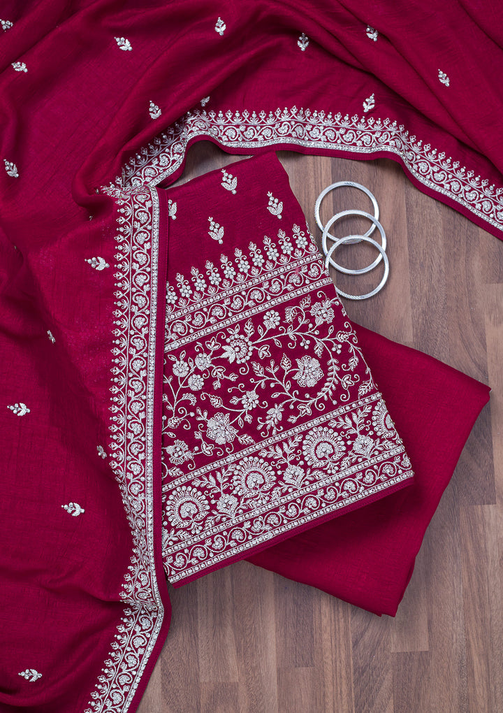 Maroon Zariwork Soft Raw Silk Unstitched Salwar Suit