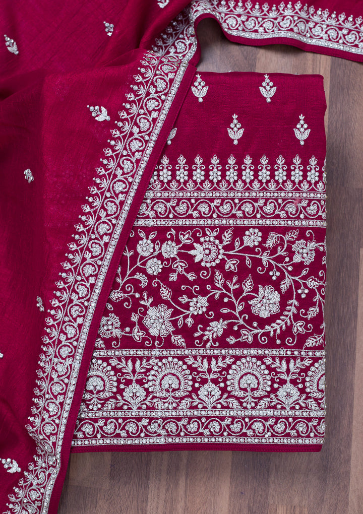 Maroon Zariwork Soft Raw Silk Unstitched Salwar Suit