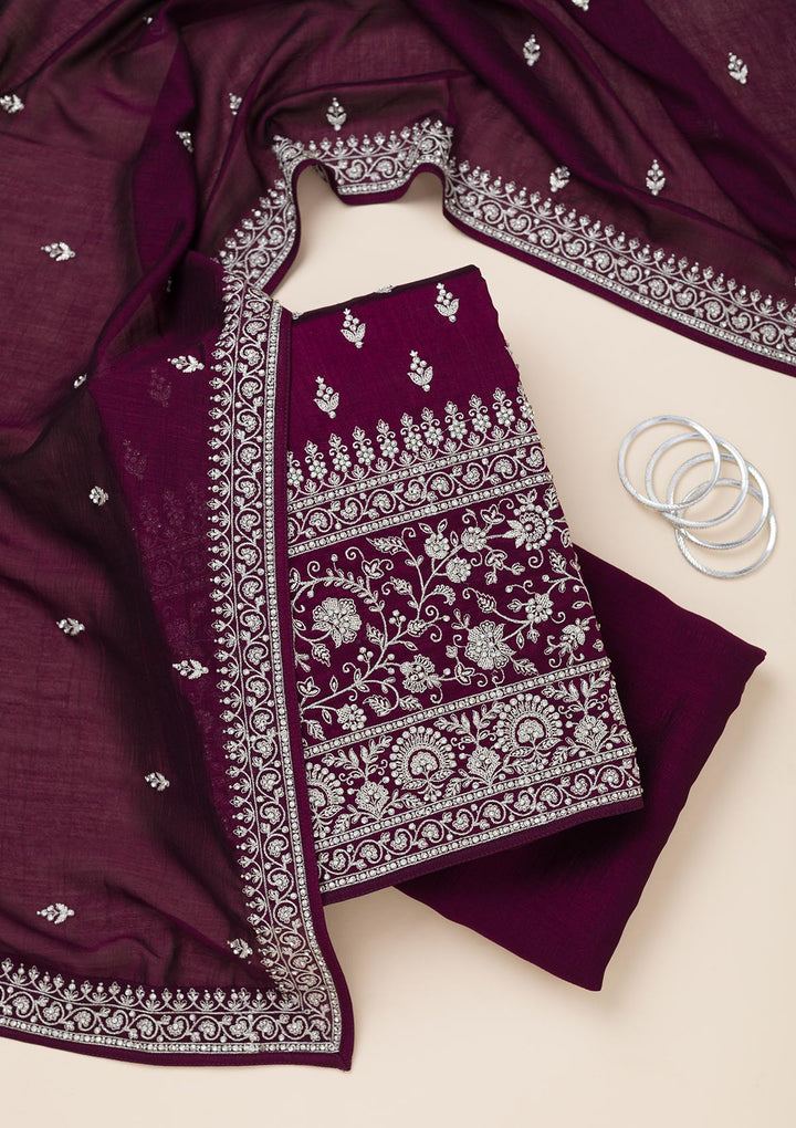 Wine Zariwork Soft Raw Silk Unstitched Salwar Suit