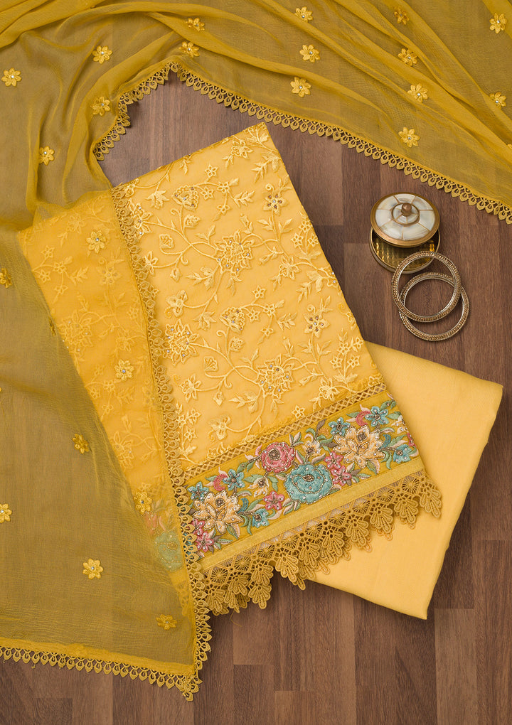 Yellow Threadwork Georgette Unstitched Salwar Suit