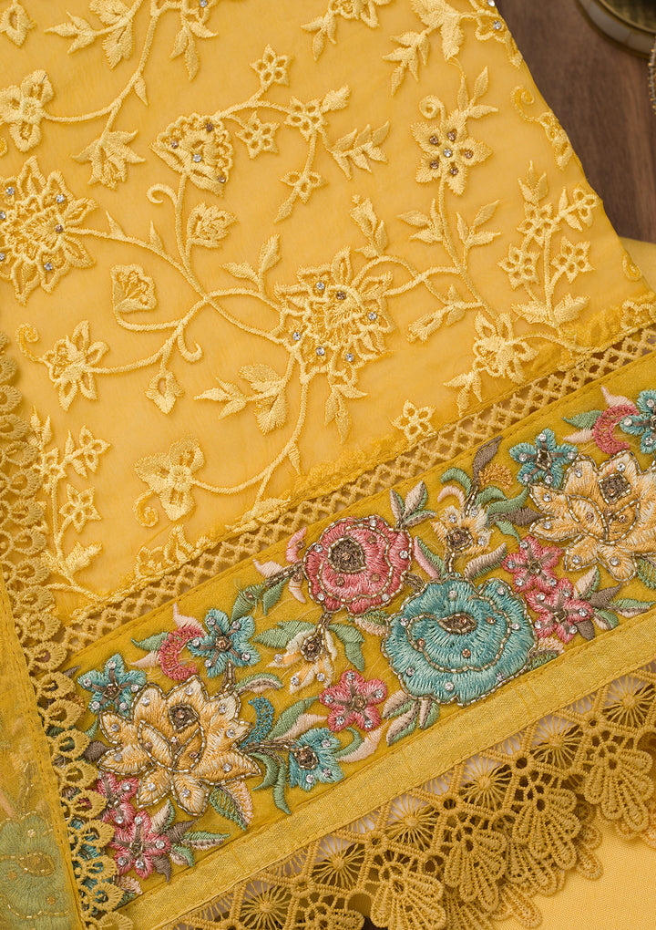 Yellow Threadwork Georgette Unstitched Salwar Suit