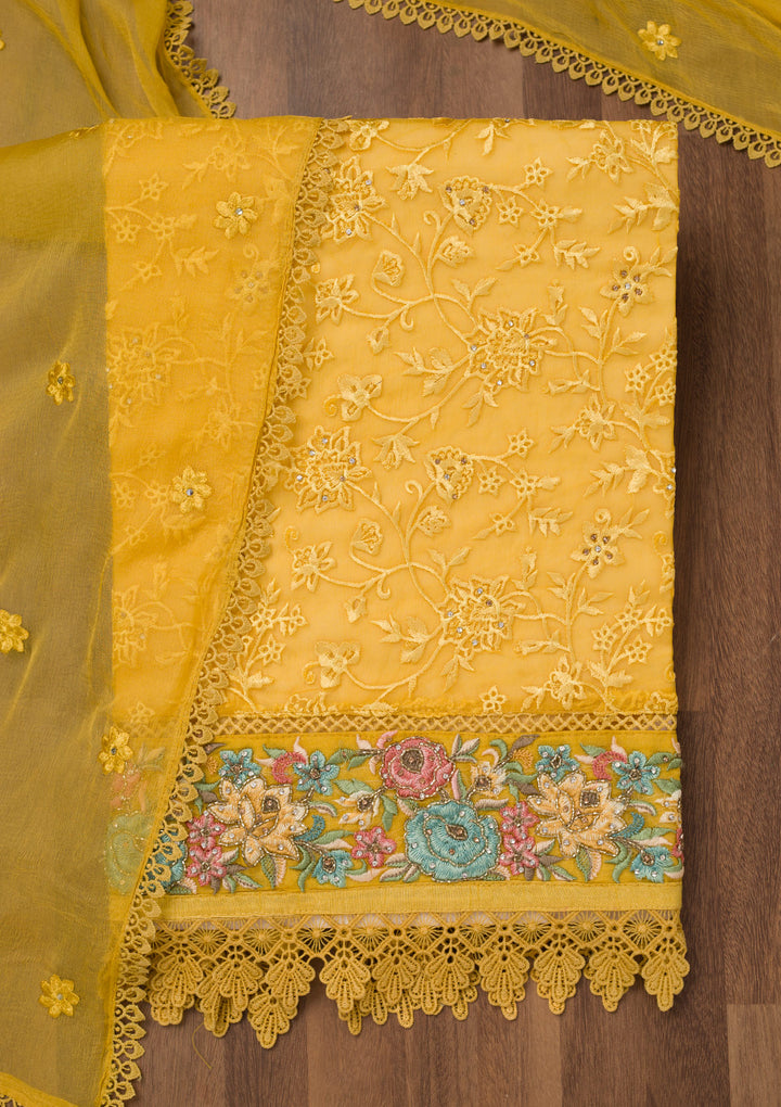 Yellow Threadwork Georgette Unstitched Salwar Suit