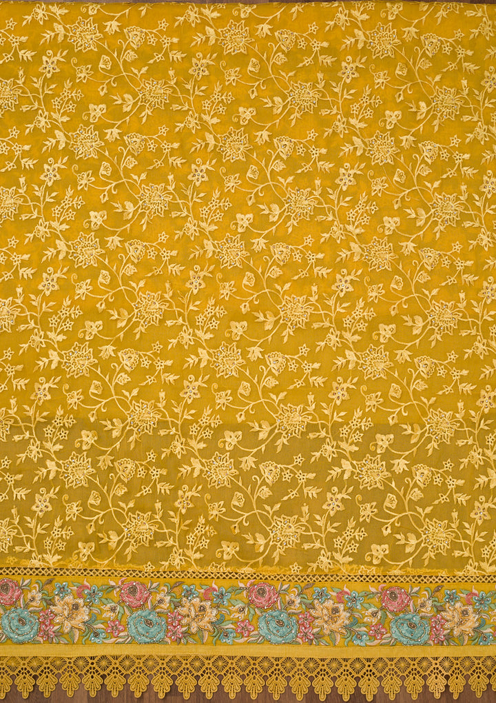 Yellow Threadwork Georgette Unstitched Salwar Suit