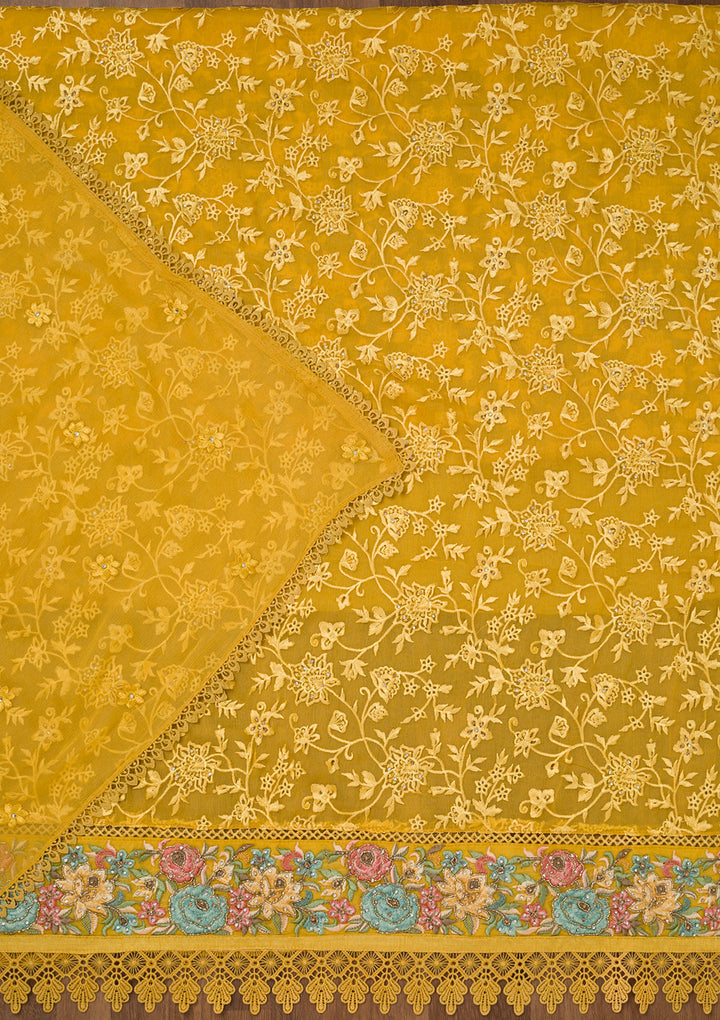Yellow Threadwork Georgette Unstitched Salwar Suit