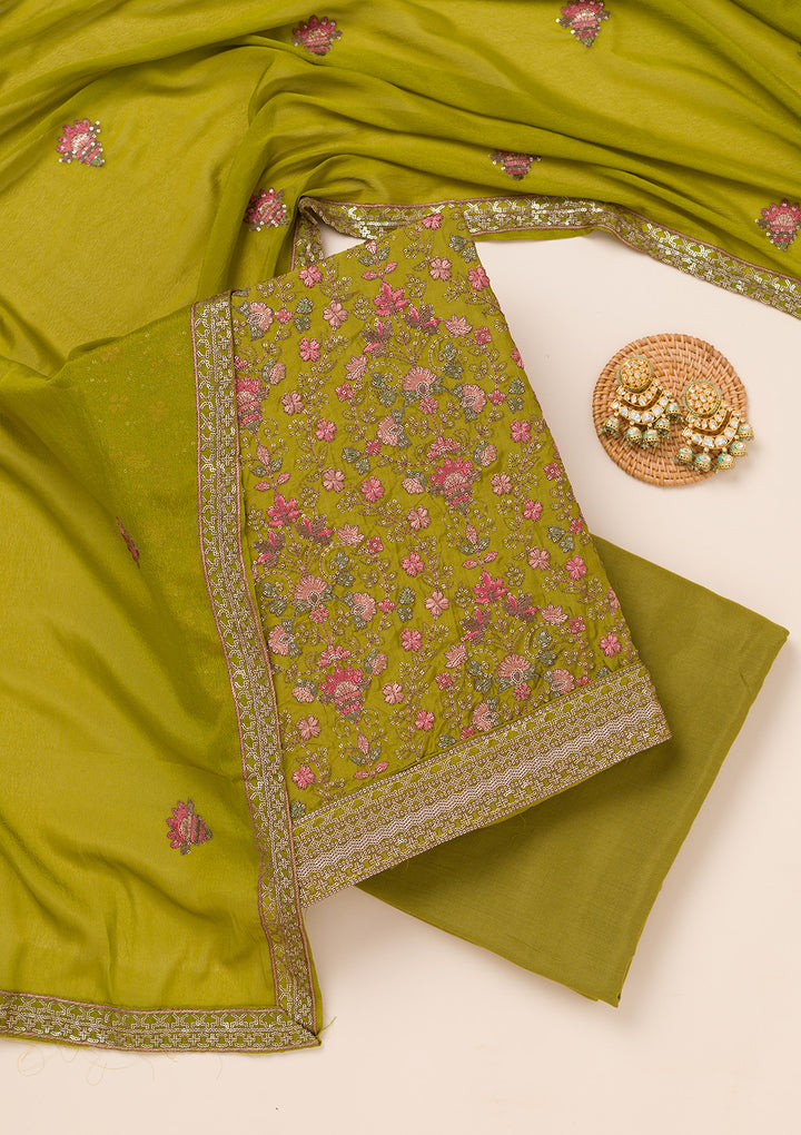 Parrot Green Threadwork Semi Crepe Unstitched Salwar Suit