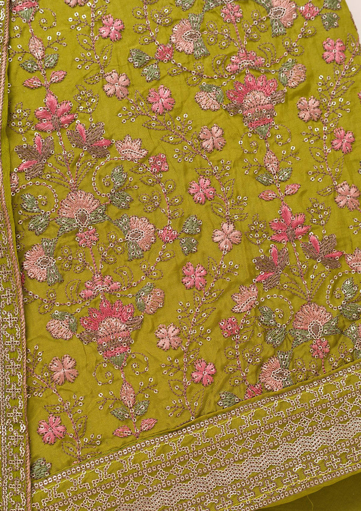 Parrot Green Threadwork Semi Crepe Unstitched Salwar Suit