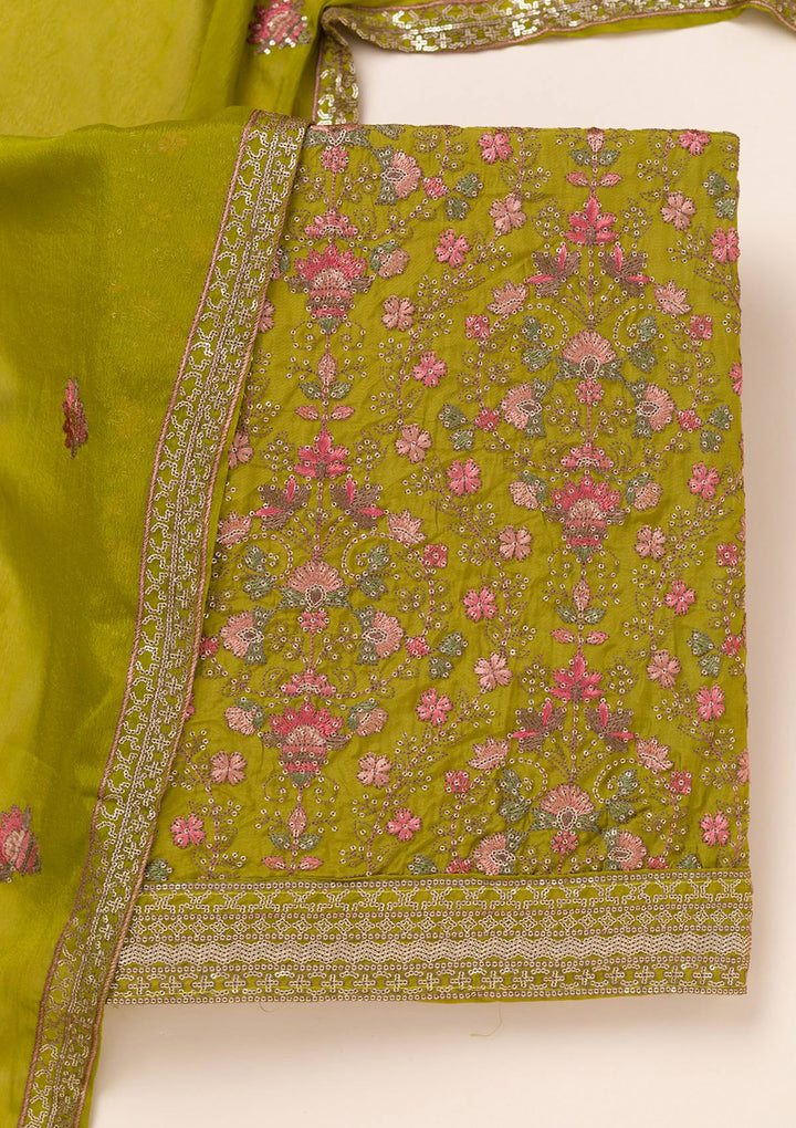 Parrot Green Threadwork Semi Crepe Unstitched Salwar Suit
