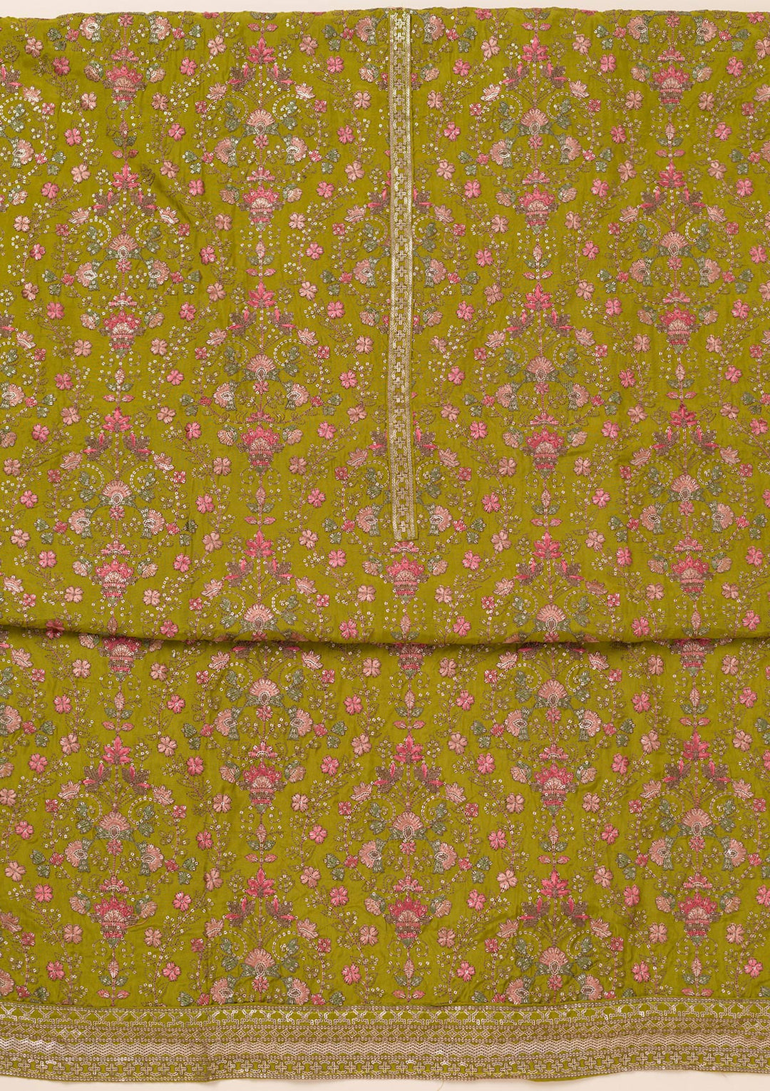 Parrot Green Threadwork Semi Crepe Unstitched Salwar Suit
