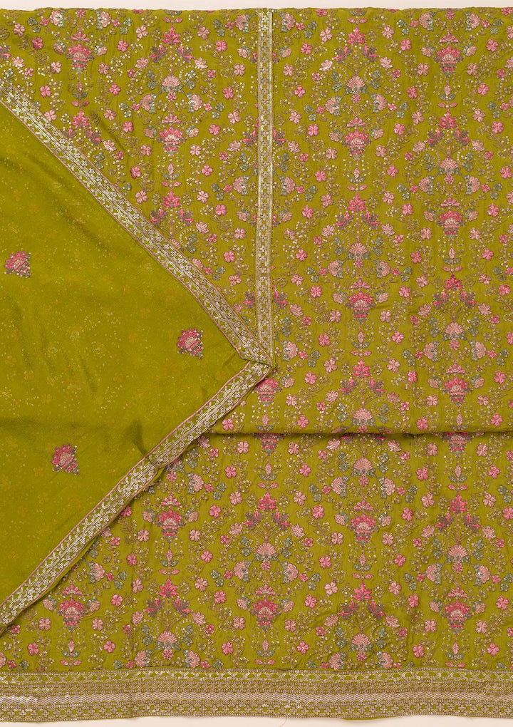 Parrot Green Threadwork Semi Crepe Unstitched Salwar Suit