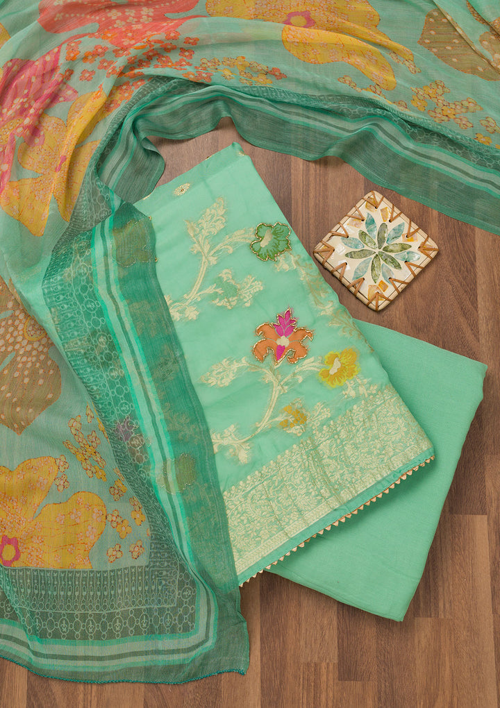 Sea Green Cutdana Art Silk Unstitched Salwar Suit