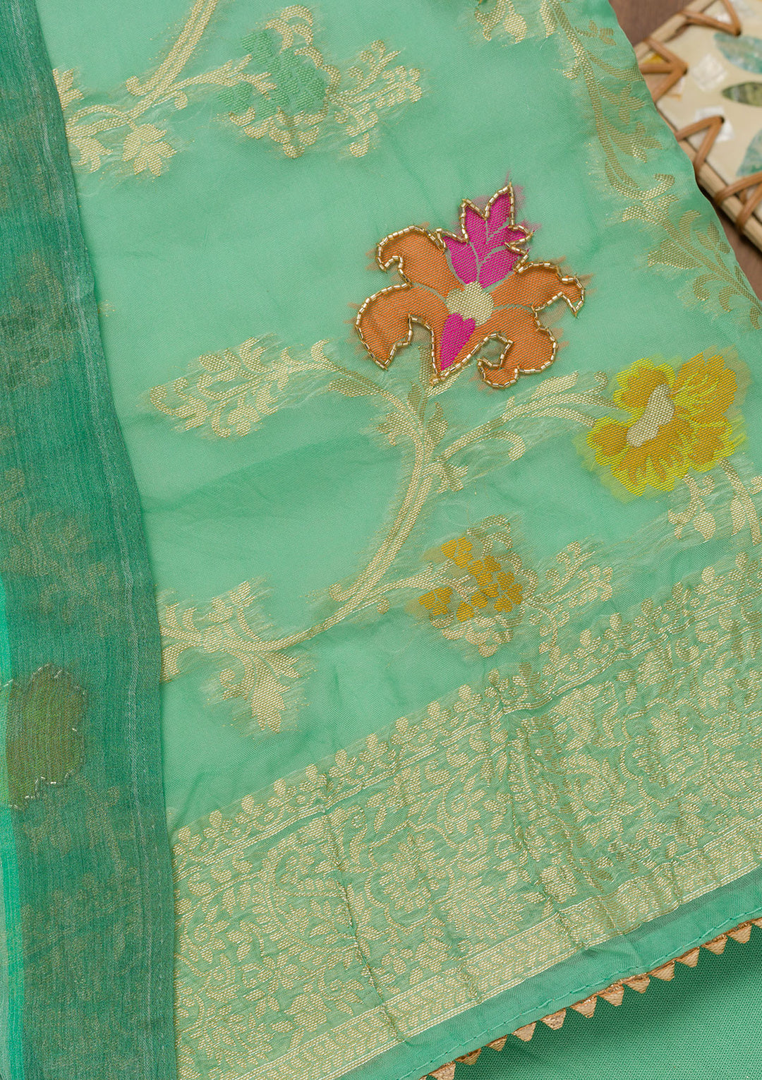 Sea Green Cutdana Art Silk Unstitched Salwar Suit