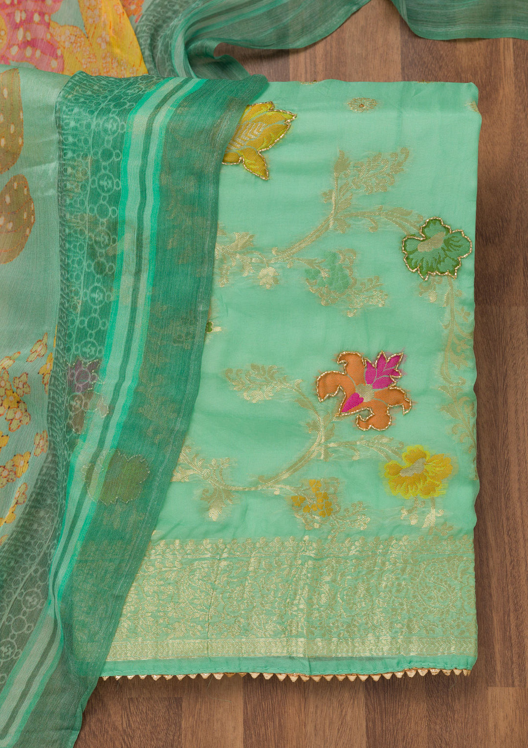 Sea Green Cutdana Art Silk Unstitched Salwar Suit