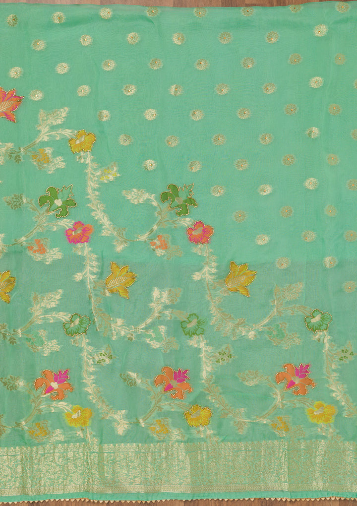Sea Green Cutdana Art Silk Unstitched Salwar Suit
