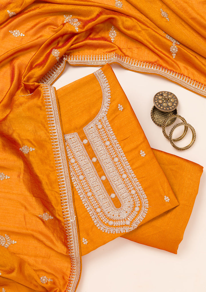 Mustard Zariwork Art Silk Unstitched Salwar Suit
