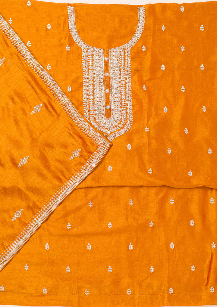 Mustard Zariwork Art Silk Unstitched Salwar Suit