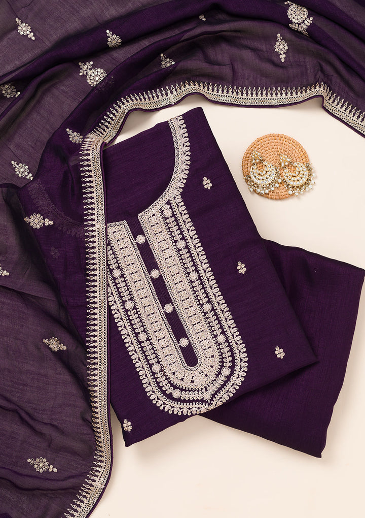 Purple Zariwork Art Silk Unstitched Salwar Suit