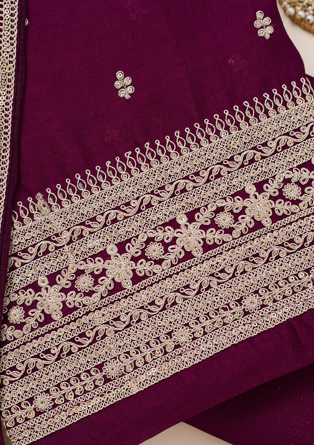 Wine Zariwork Art Silk Unstitched Salwar Suit