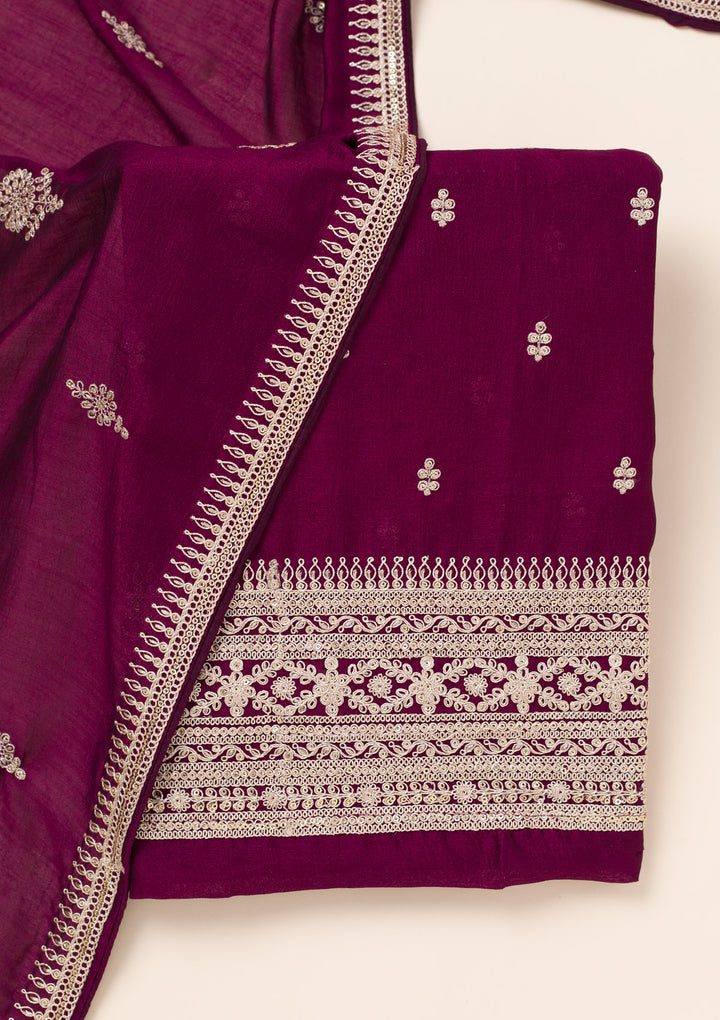 Wine Zariwork Art Silk Unstitched Salwar Suit
