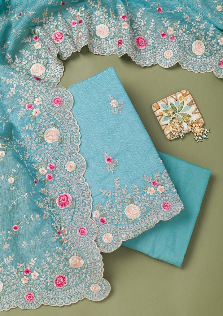 Sky Blue Threadwork Tissue Unstitched Salwar Suit
