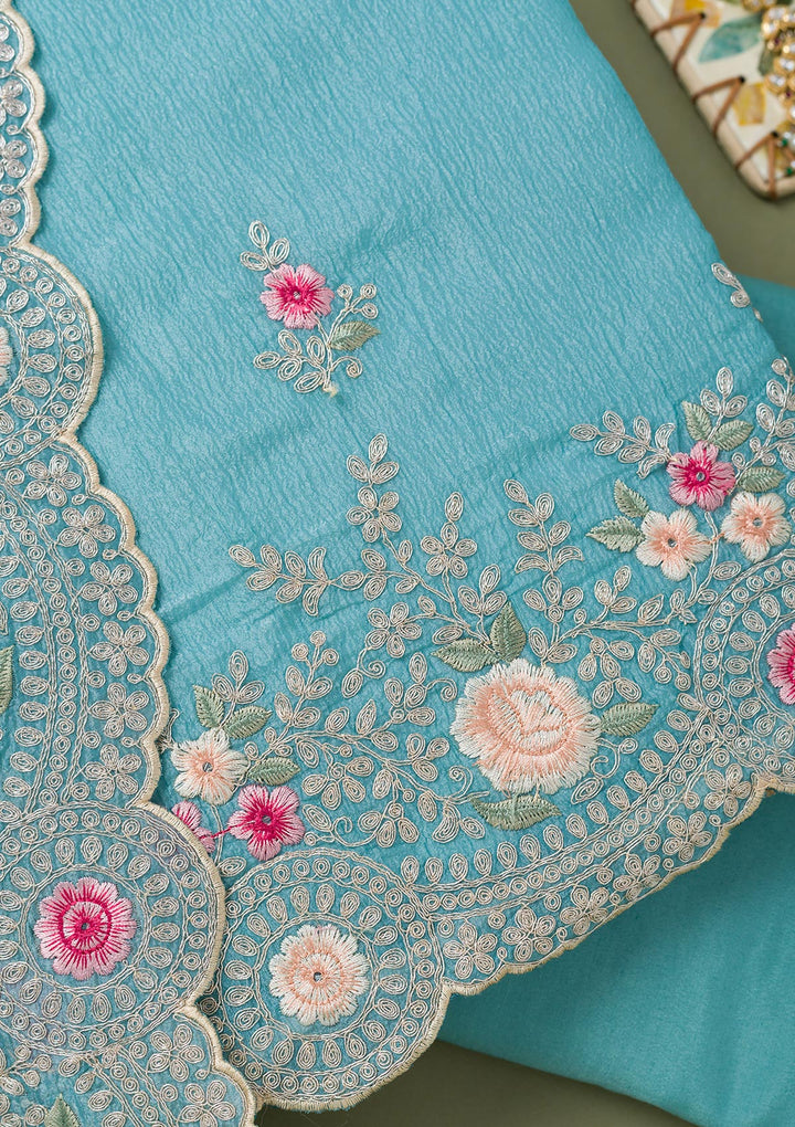 Sky Blue Threadwork Tissue Unstitched Salwar Suit