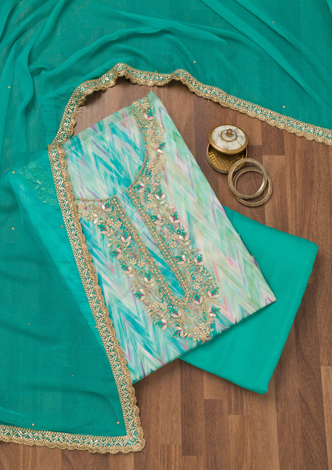 Sea Green Stonework Tissue Unstitched Salwar Suit