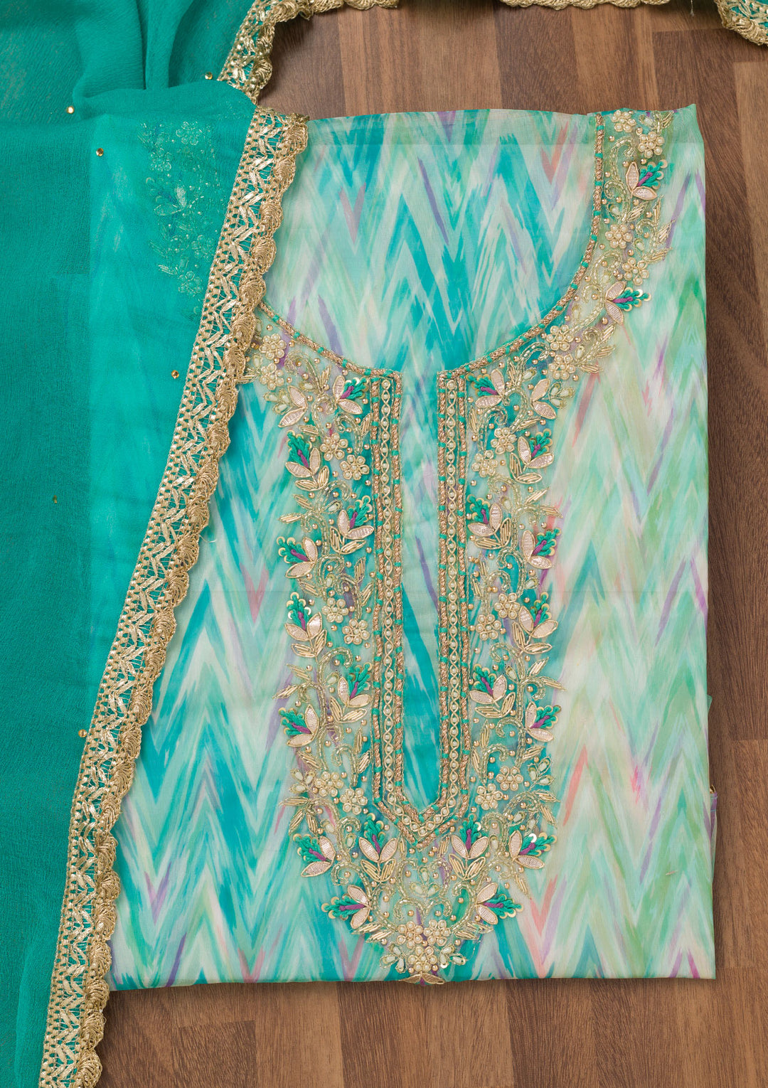 Sea Green Stonework Tissue Unstitched Salwar Suit