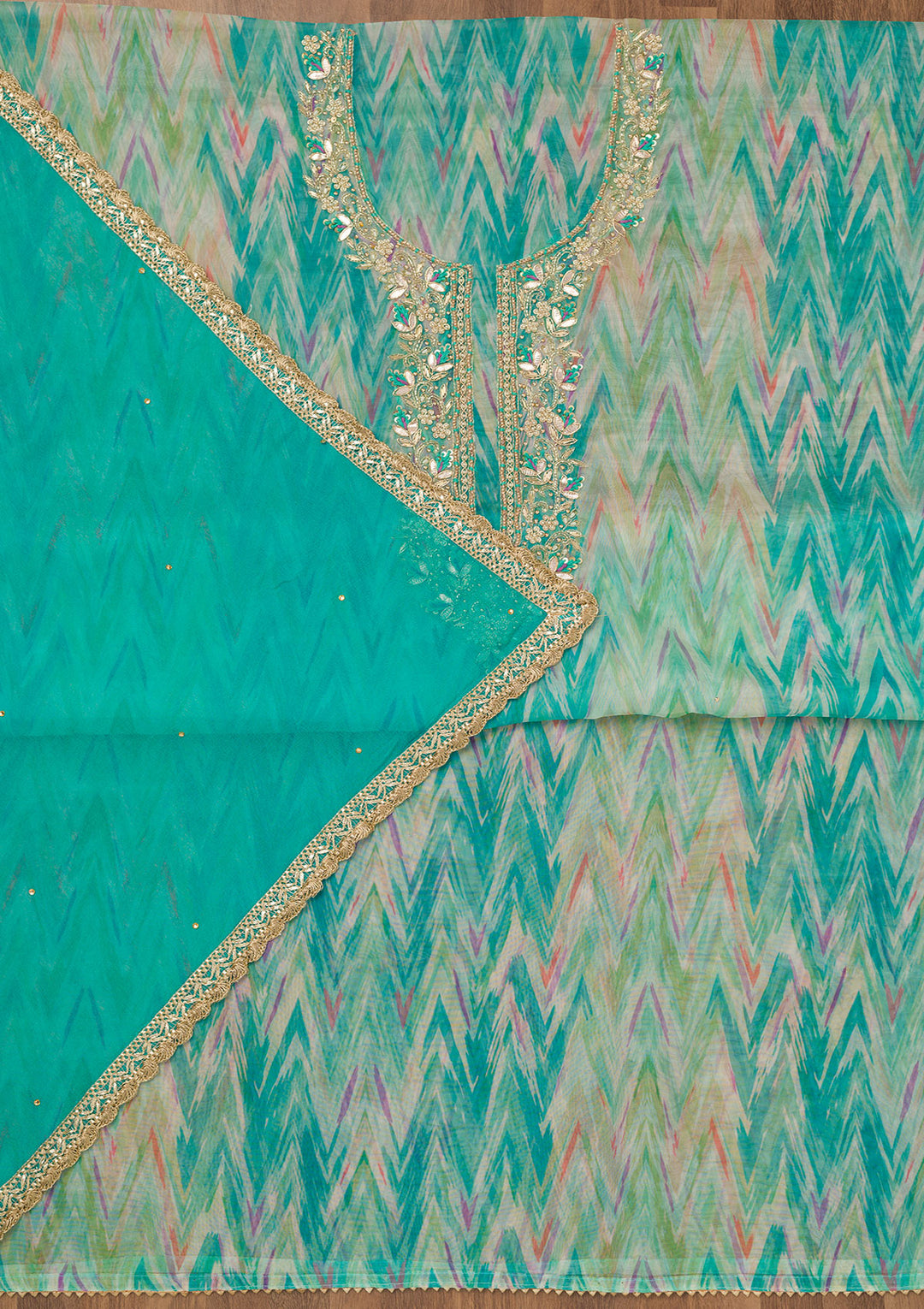 Sea Green Stonework Tissue Unstitched Salwar Suit