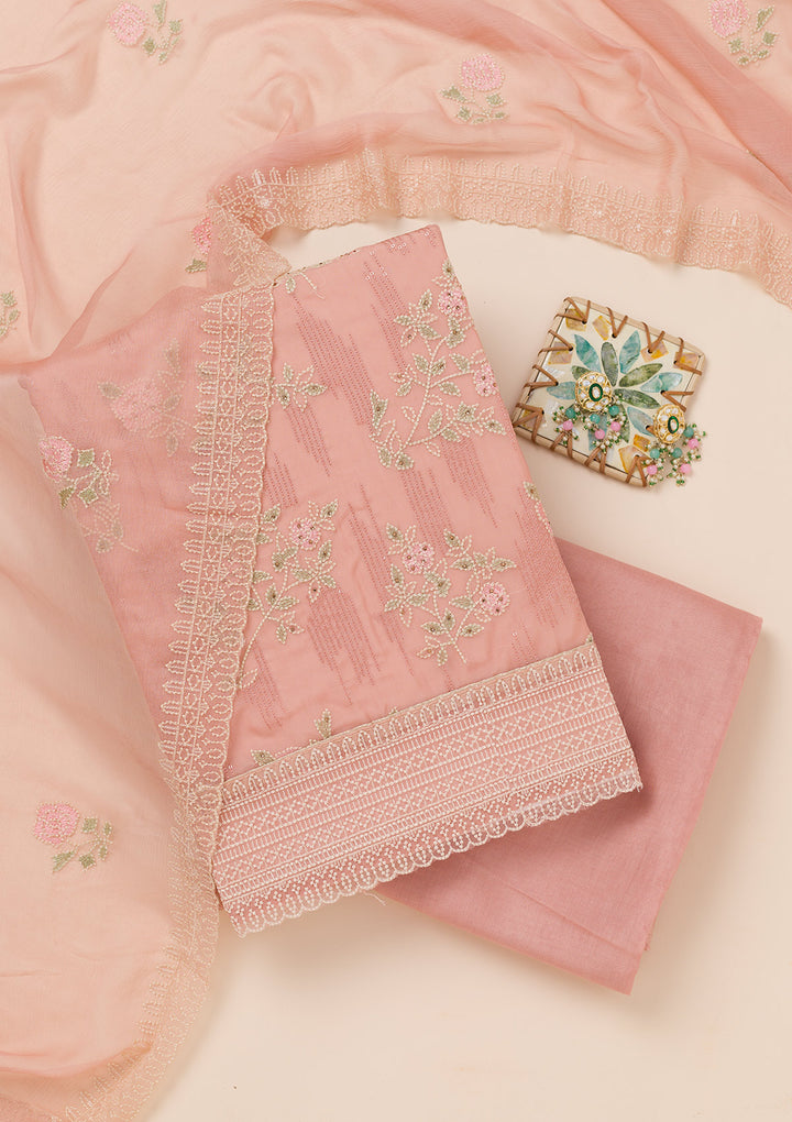 Peach Threadwork Georgette Unstitched Salwar Suit