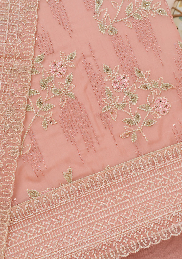 Peach Threadwork Georgette Unstitched Salwar Suit