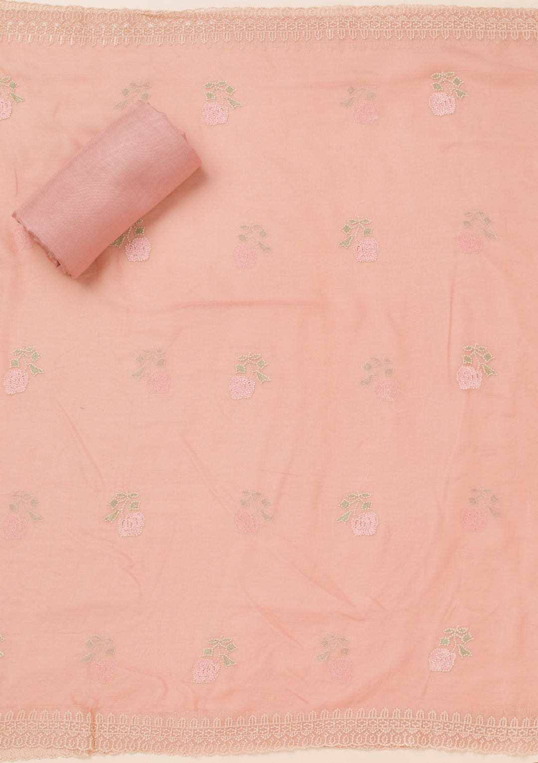 Peach Threadwork Georgette Unstitched Salwar Suit