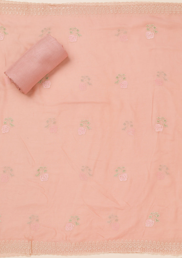 Peach Threadwork Georgette Unstitched Salwar Suit