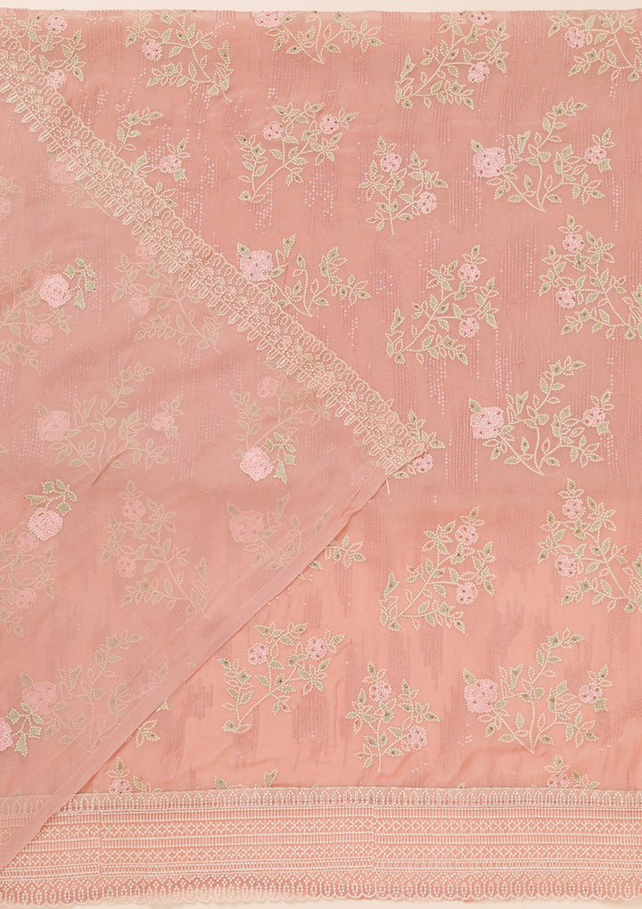 Peach Threadwork Georgette Unstitched Salwar Suit