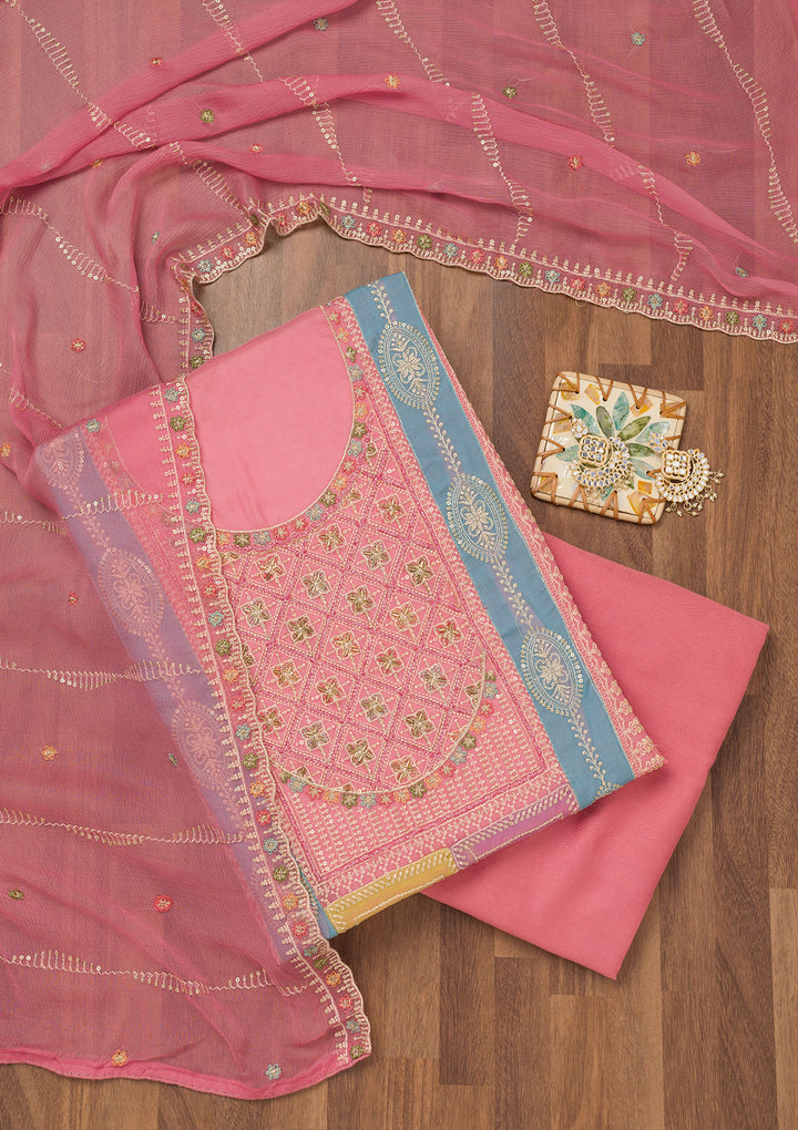 Onion Pink Zariwork Semi Crepe Unstitched Salwar Suit