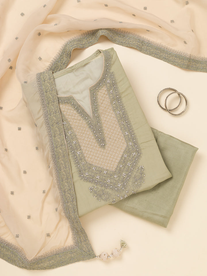 Green Zariwork Semi Crepe Unstitched Salwar Suit