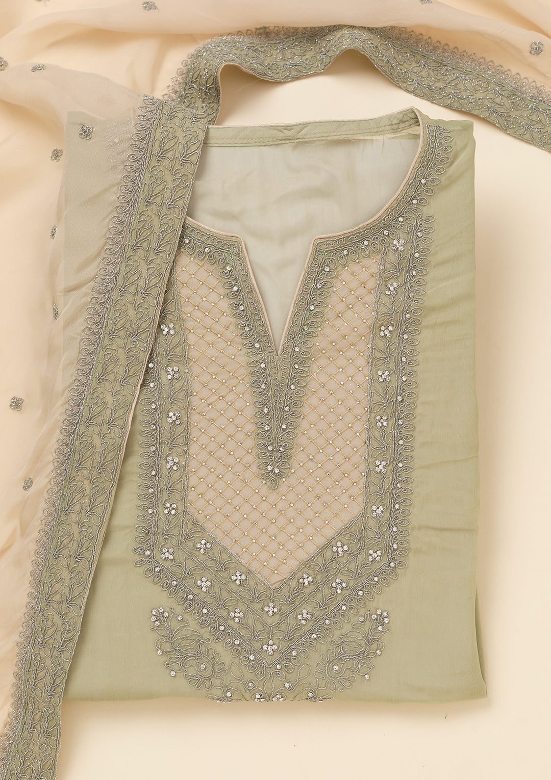 Green Zariwork Semi Crepe Unstitched Salwar Suit