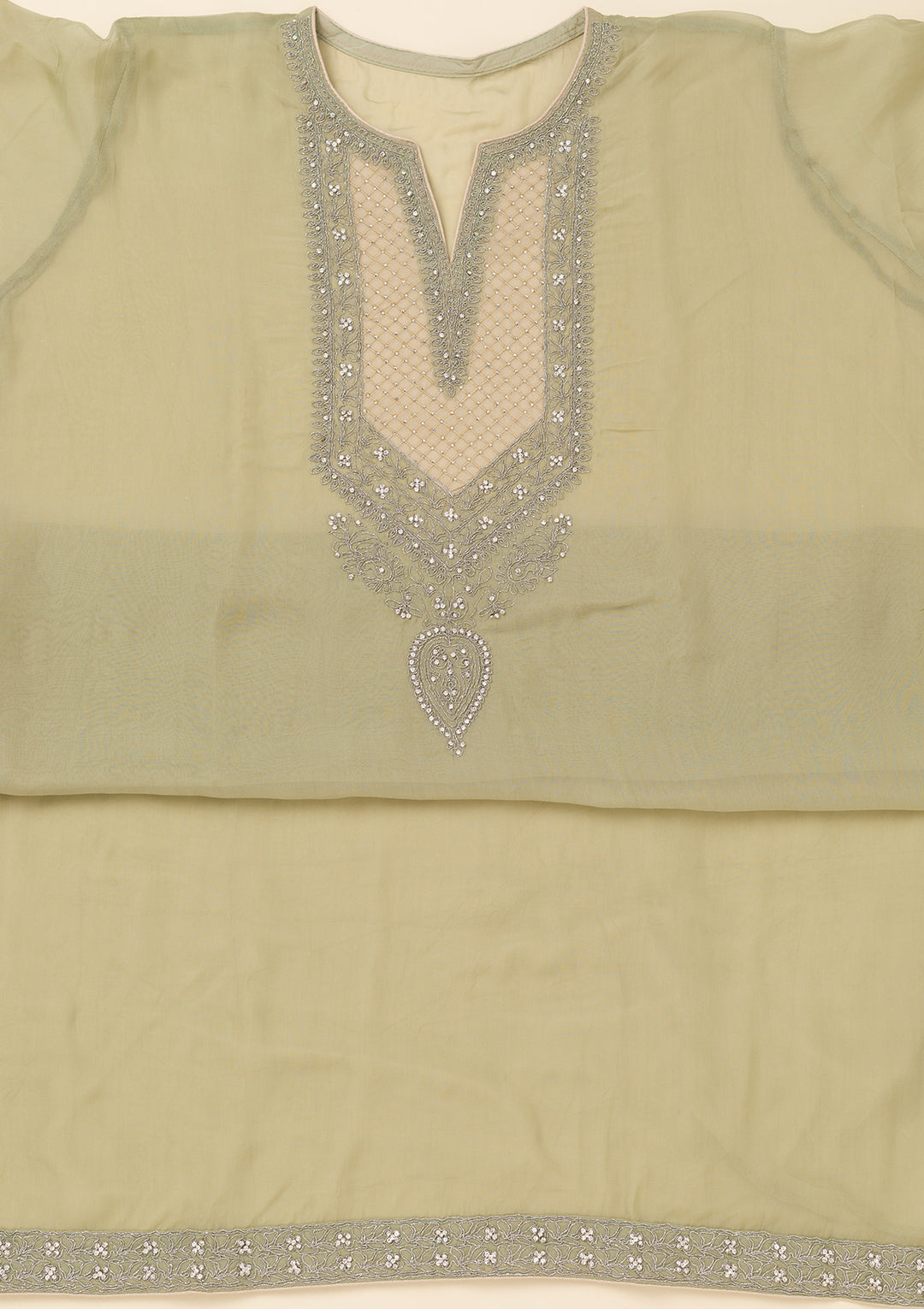 Green Zariwork Semi Crepe Unstitched Salwar Suit