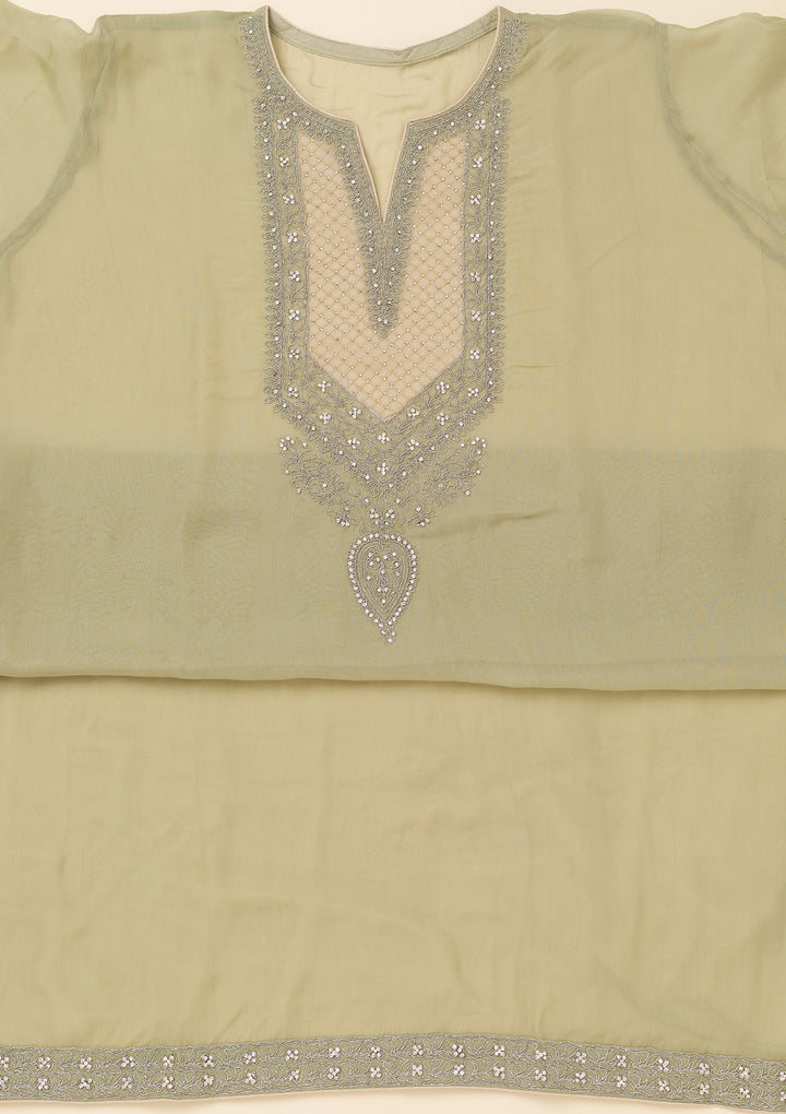 Green Zariwork Semi Crepe Unstitched Salwar Suit