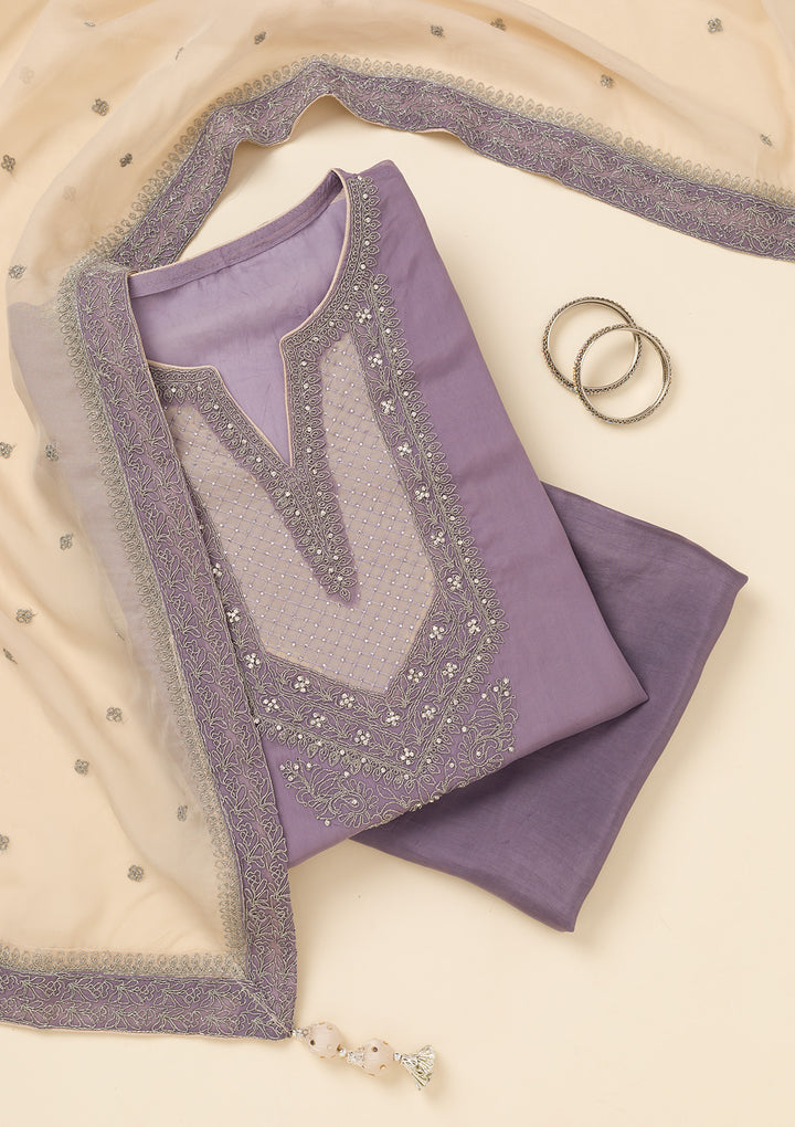 Lavender Zariwork Semi Crepe Unstitched Salwar Suit