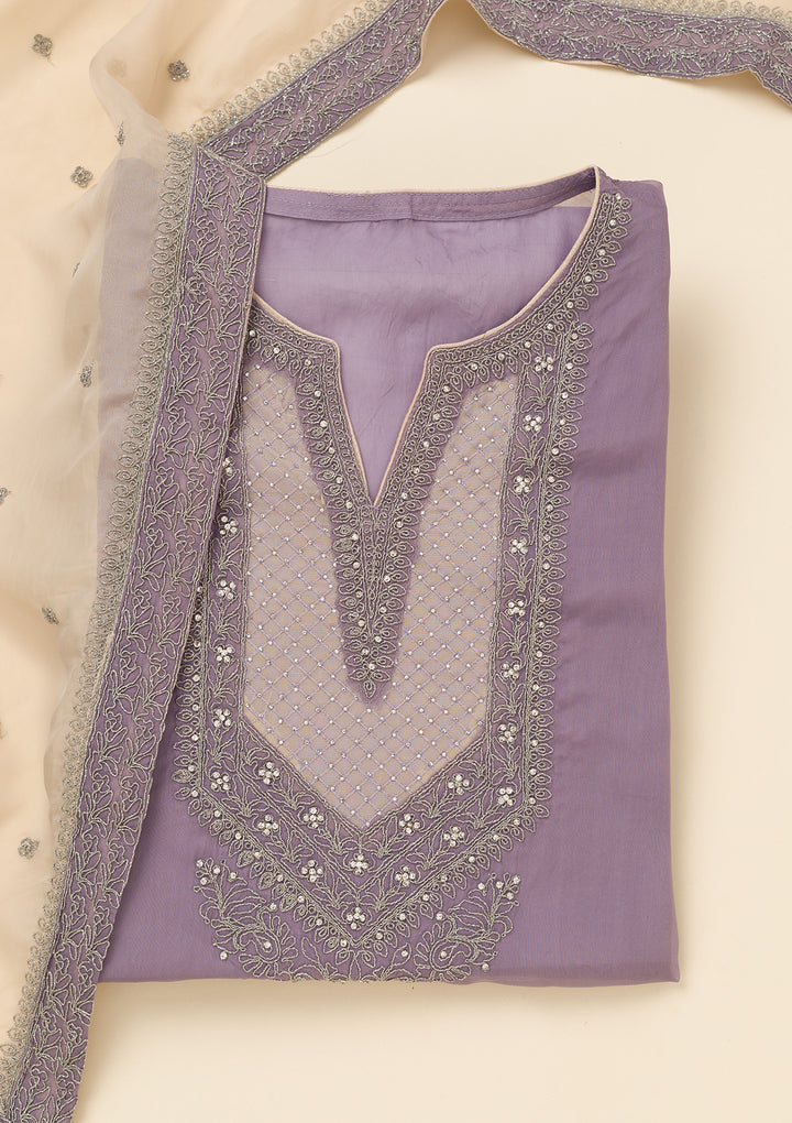 Lavender Zariwork Semi Crepe Unstitched Salwar Suit