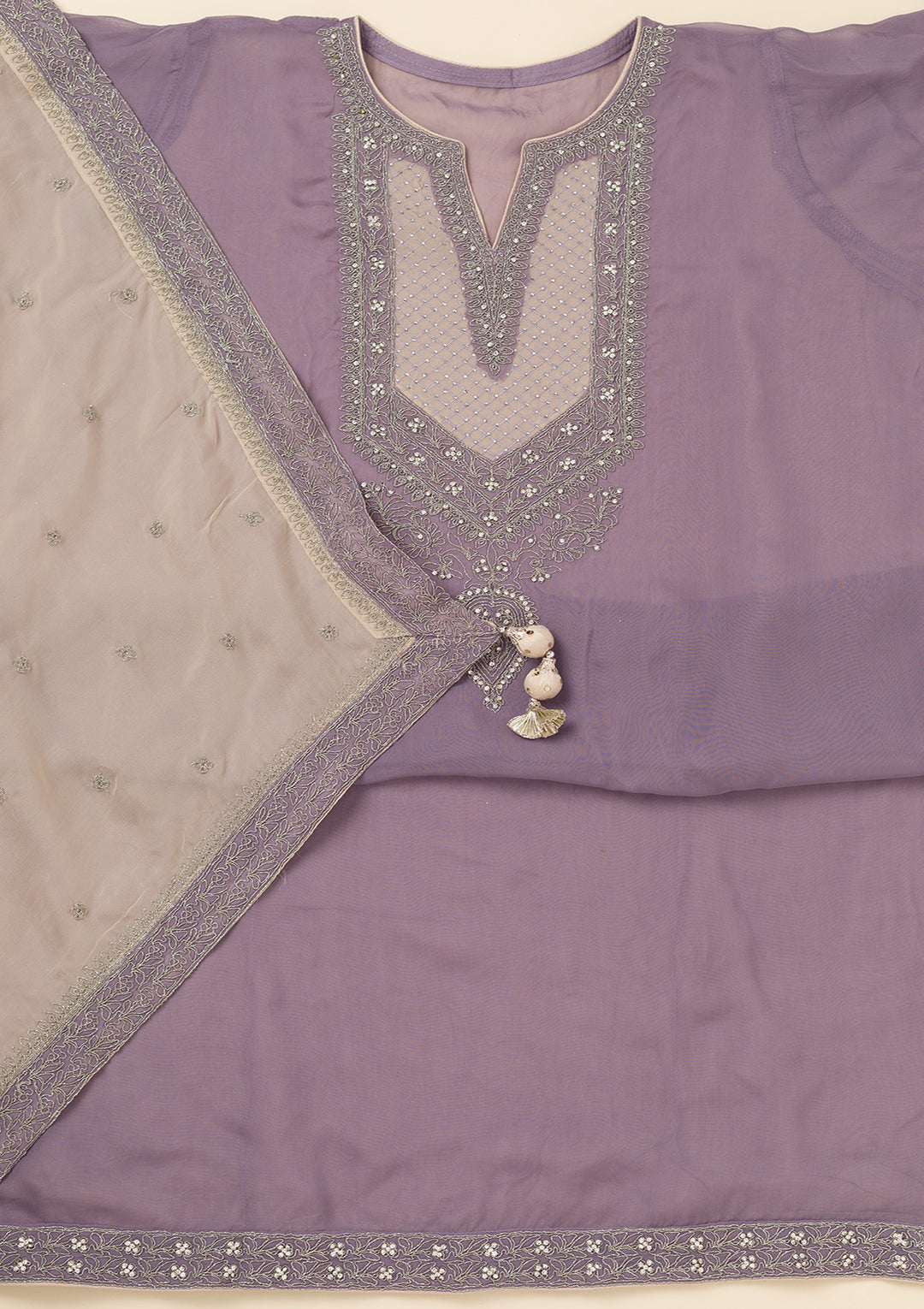 Lavender Zariwork Semi Crepe Unstitched Salwar Suit