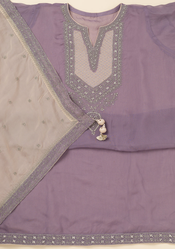Lavender Zariwork Semi Crepe Unstitched Salwar Suit