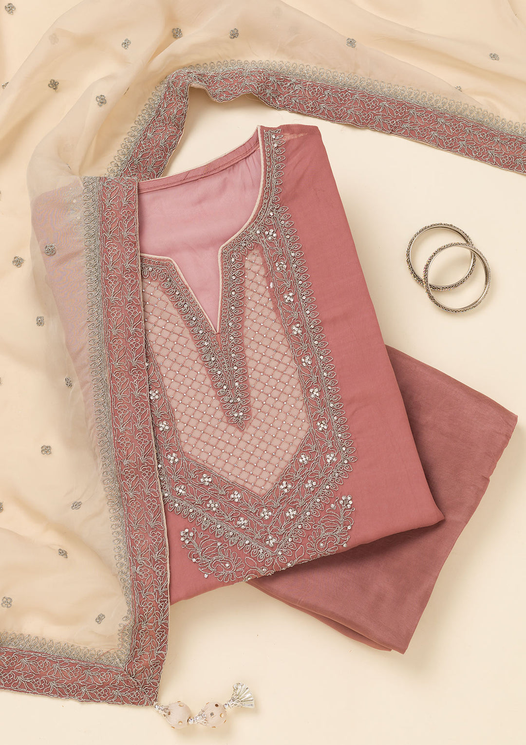 Onion Pink Zariwork Semi Crepe Unstitched Salwar Suit