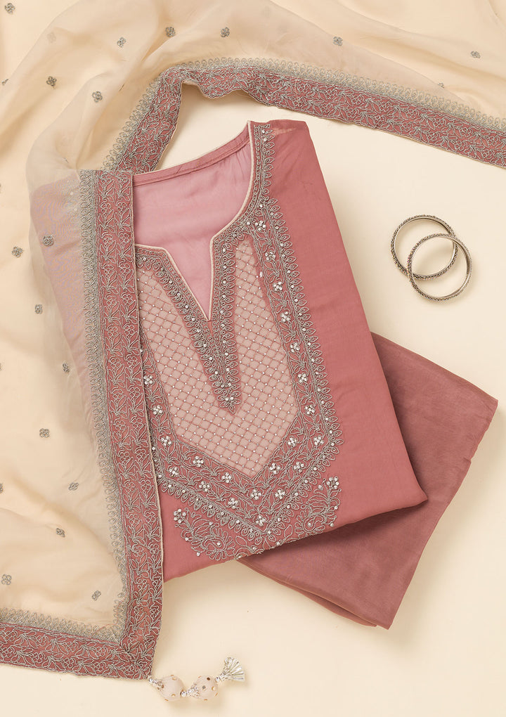 Onion Pink Zariwork Semi Crepe Unstitched Salwar Suit