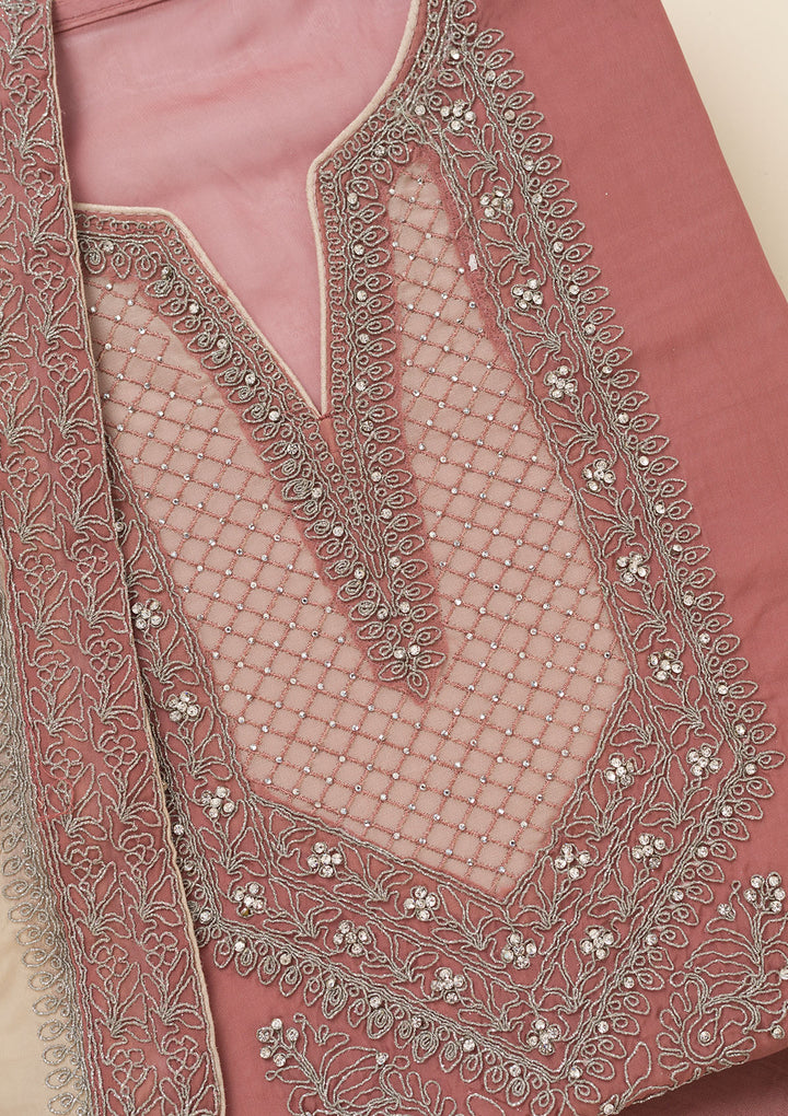 Onion Pink Zariwork Semi Crepe Unstitched Salwar Suit