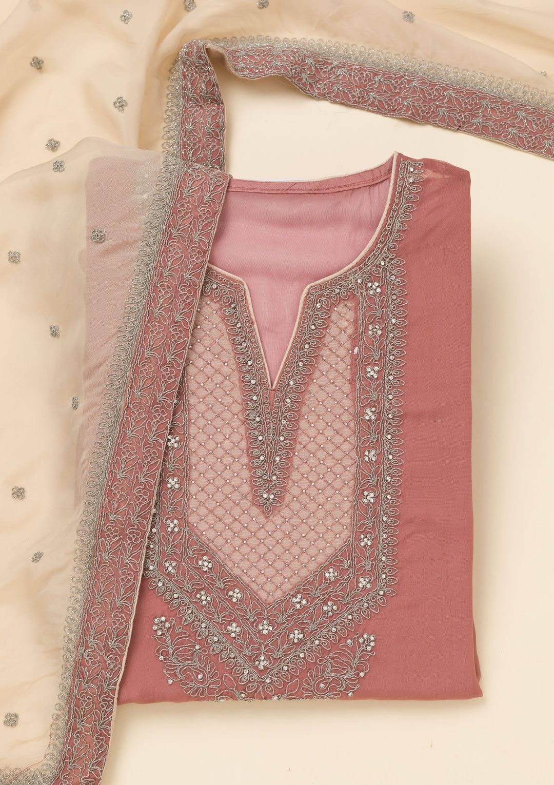 Onion Pink Zariwork Semi Crepe Unstitched Salwar Suit