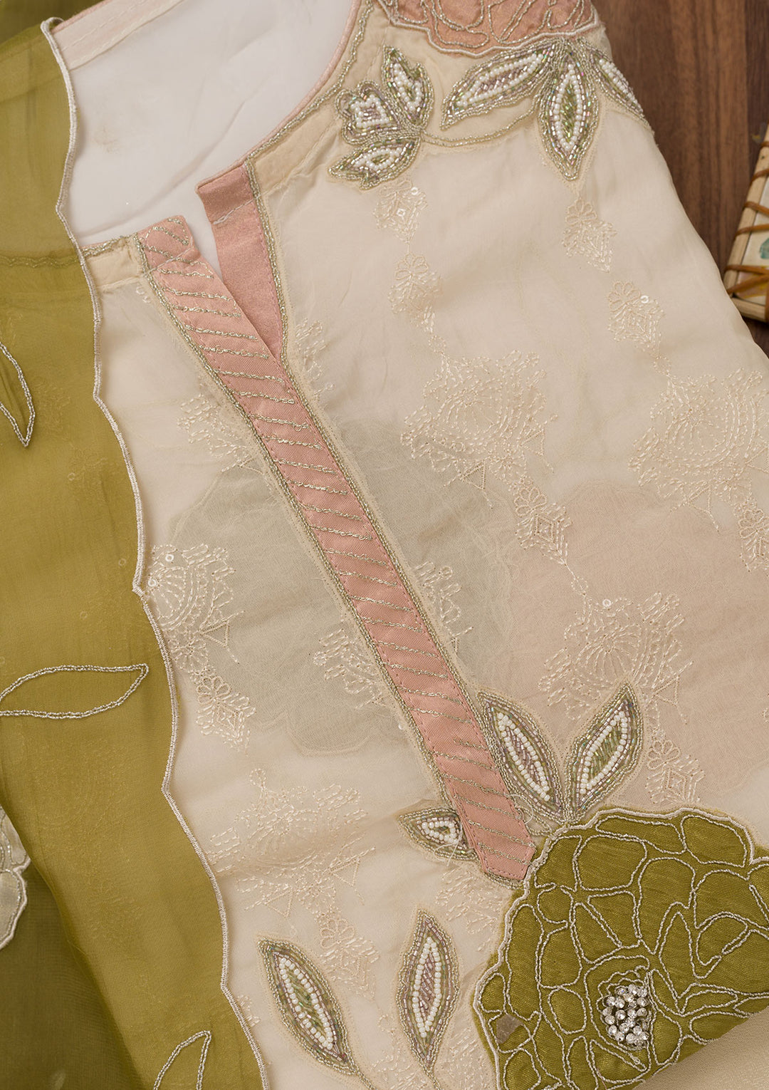 Cream Zariwork Semi Crepe Unstitched Salwar Suit