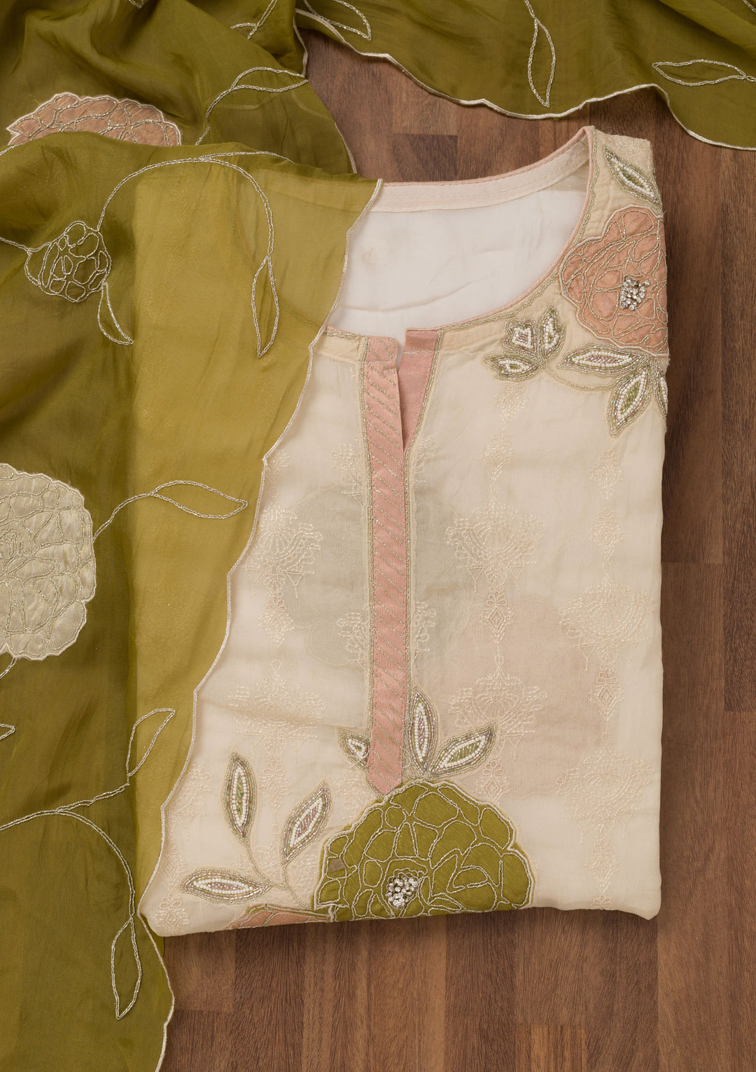 Cream Zariwork Semi Crepe Unstitched Salwar Suit