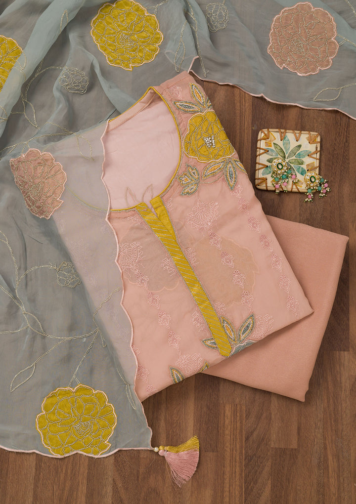 Pink Zariwork Semi Crepe Unstitched Salwar Suit