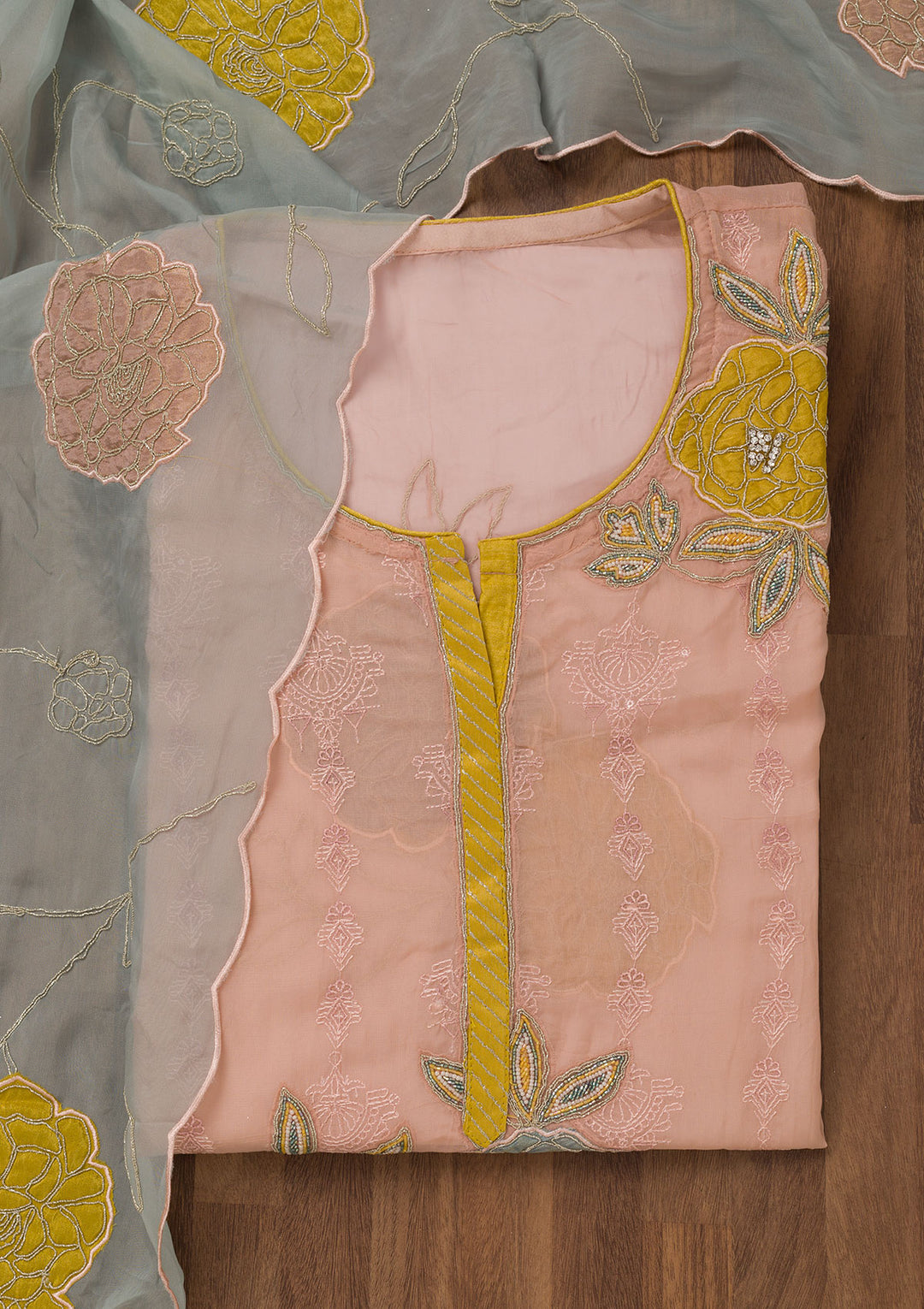 Pink Zariwork Semi Crepe Unstitched Salwar Suit
